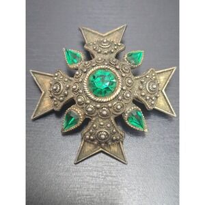 Vintage Selro Selini Maltese Cross Emerald Color Rhinestone Brass Bronze Tone